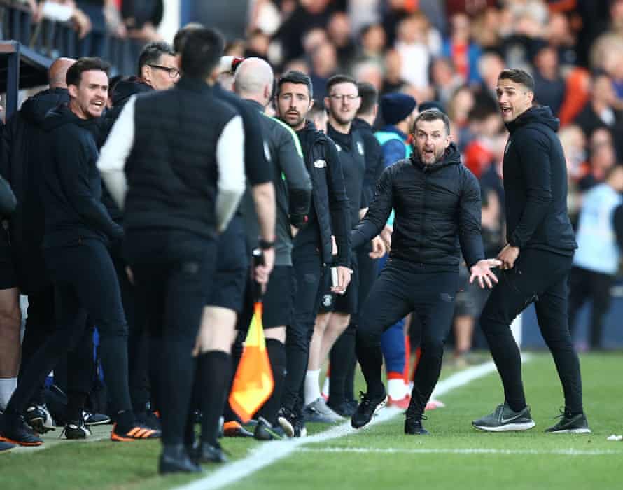 Luton v Huddersfield: Championship playoff semi-final, first leg – live! | Championship 2 Luton Town manager Nathan Jones reacts after penalty is not given after a challenge on Cameron Jerome.