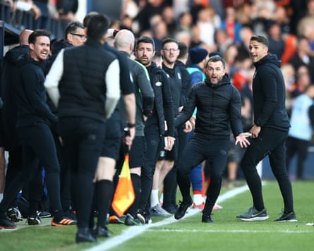 Nathan Jones reacts after a penalty is not given