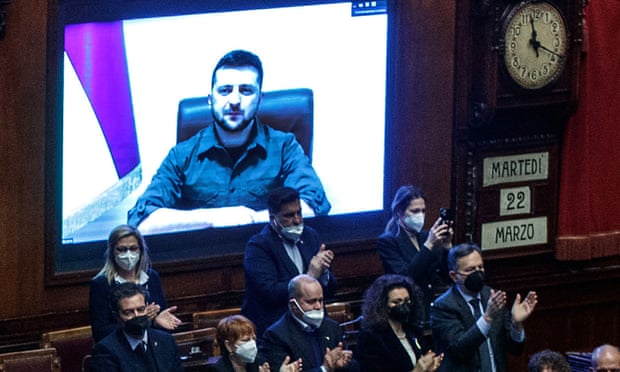 Volodymyr Zelenskiy receives a standing ovation after addressing the Italian parliament on Tuesday