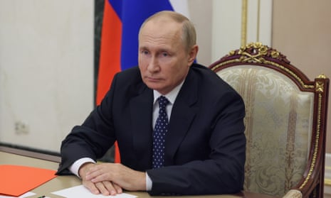 Vladimir Putin chairs a Security Council meeting via videoconference in Moscow, Russia, Friday, Sept. 23, 2022. (Gavriil Grigorov, Sputnik, Kremlin Pool Photo via AP)