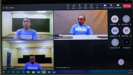The three suspects on screen during pre-trial proceedings.