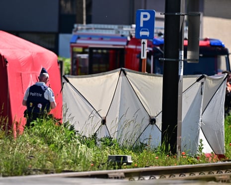 The scene of an accident between a train and a minivan, at the railway crossing Vierhuizen, in Buggenhout, Belgium..
