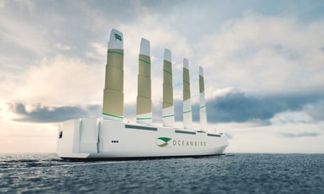 An illustration shows a wind-powered car and truck carrier ship that a Swedish consortium is developing and aiming to launch late 2024.
