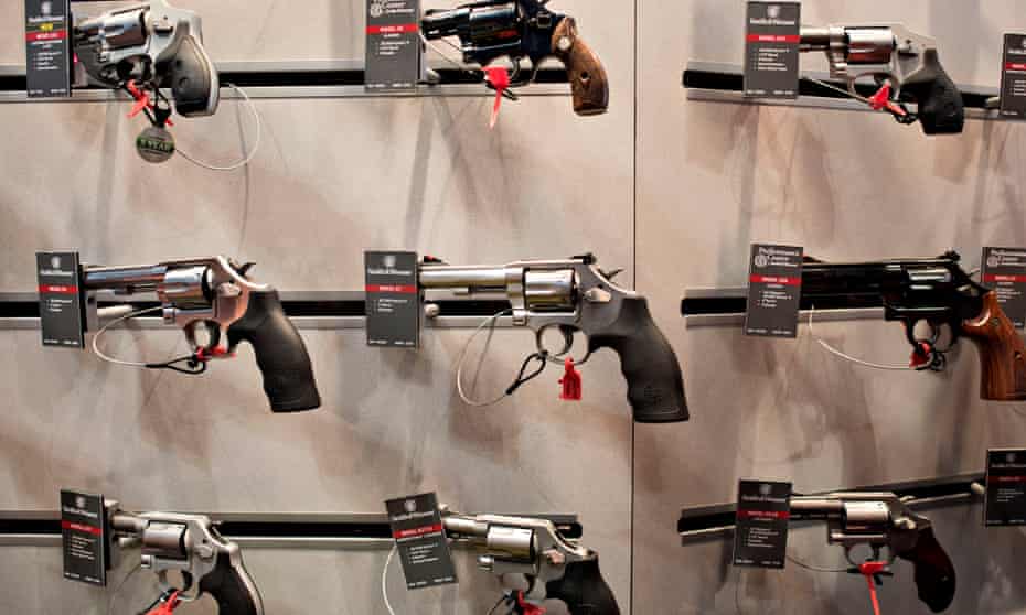 Smith &amp; Wesson revolvers are on display at the 144th National Rifle Association (NRA) meeting and exhibits in Nashville, Tennessee. on April 2015.