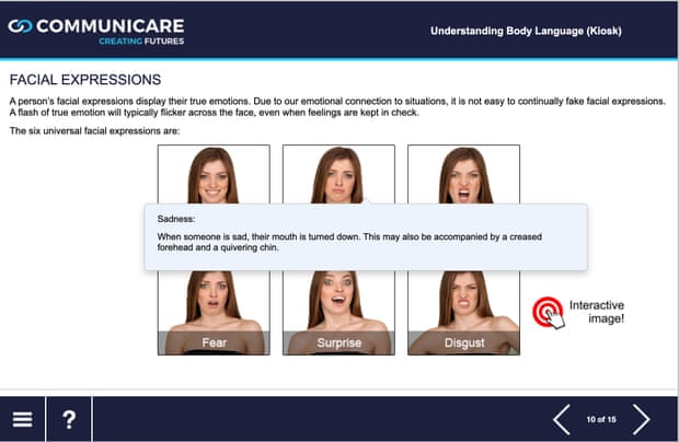 Screen recording of Communicare’s Understanding Closed Body Language course featuring six images of a woman conveying different expressions