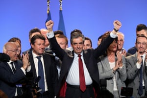 Francois Fillon gesturing after delivering a speech yesterday.