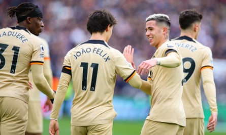 João Félix celebrates scoring Chelsea’s goal against West Ham with teammate Enzo Fernández.