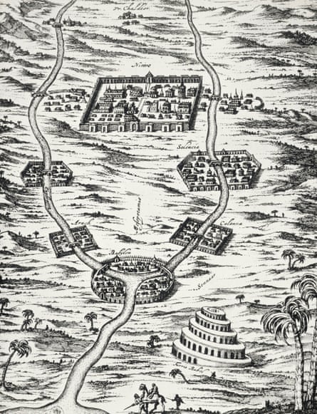 Map featuring Mesopotamia and Tower of Babel, engraving
