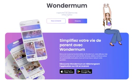 The Wondermum app download page showing logo of a woman in blue trousers, white T-shirt and red high-heeled shows and screengrabs of what it offers
