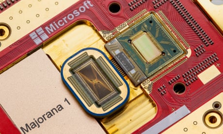 close-up view of topoconductor powered chip on motherboard with Microsoft and Majorana 1 branding close-up view of topoconductor powered chip on motherboard with Microsoft and Majorana 1 branding