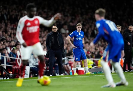 Liam Rosenior watches on during Chelsea’s third defeat by Arsenal in just over seven weeks as head coach.