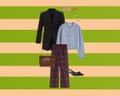 A composite image of a black blazer, a mixed metal chain bracelet, tan sunglasses, a pale blue knit cardigan, red checked straight-leg trousers, a brown woven leather shoulder bag and black slingback heels with a leopard motif – all on a beige and green horizontally striped background.
