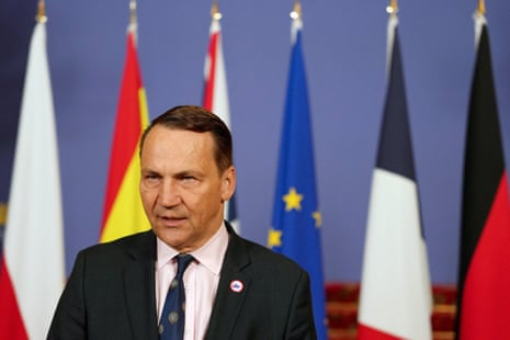 Poland's foreign minister Radosław Sikorski speaks to the media as he arrives for talks on Ukraine and the future of European security hosted by Britain's foreign secretary David Lammy at Lancaster House in London.