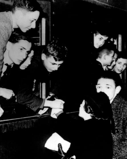 Children saying goodbye before being transported to Britain on the Kindertransport in 1938 or 1939