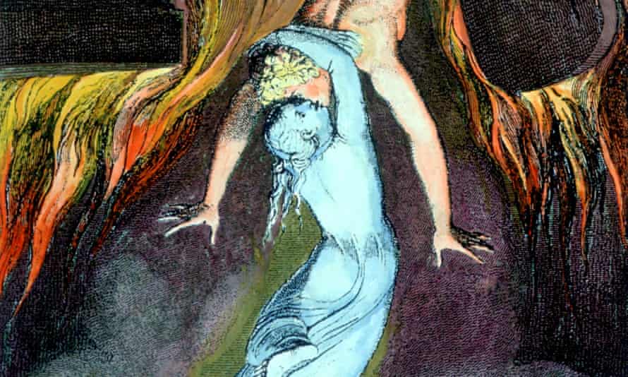 An astral body kisses the physical body farewell in William Blake’s engraving for Robert Blair’s 1743 poem The Grave.