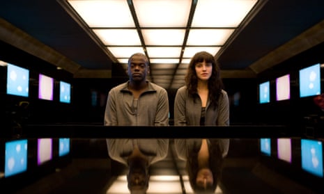 a still from Black Mirror - Fifteen Million Merits featuring Bing (Daniel Kaluuya) and Abi (Jessica Brown Findlay)