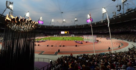 A packed Olympic Stadium watches a men’s 5000m T54 heat at the London 2012 Paralympic Games.