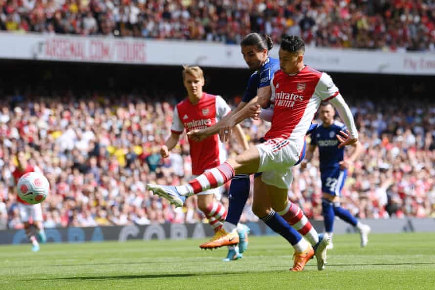Gabriel Martinelli has a chance for a third for Arsenal.