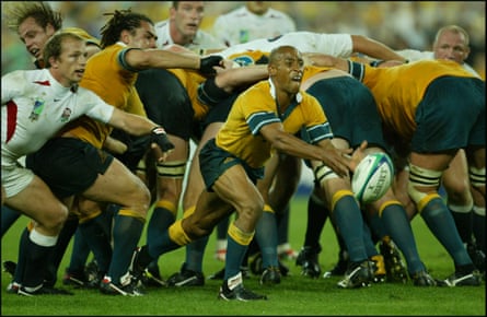 George Gregan passes the ball from a scrum during the 2003 Rugby World Cup final.