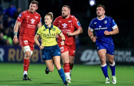 Hollie Davidson referees Leinster against Scarlets in the United Rugby Championship last month