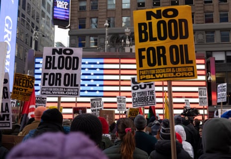 Hundreds of people denouncing the U.S. bombing of Venezuela and the capture of President Maduro attend a rally in Times Square before marching through the streets of midtown Manhattan.