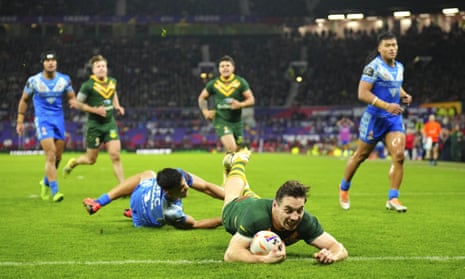 Australia's Cameron Murray scores his fourth try.