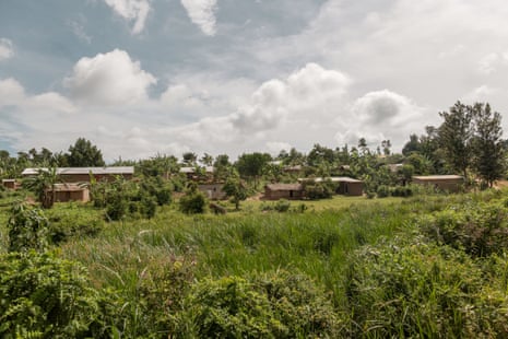 Low mud huts in a field.