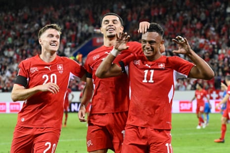 Switzerland's Dan Ndoye celebrates scoring their second goal.