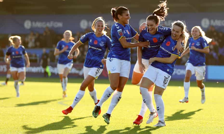Simone Magill, right, celebrates with Kenza Dali and Grace Clinton after scoring Everton’s equaliser.
