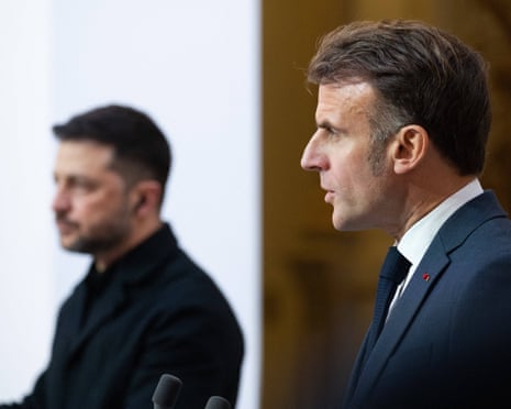 Emmanuel Macron and Volodymyr Zelensky during a joint press conference at the Elysee Palace in Paris
