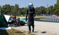 Kimi Antonelli walks away after crashing his Mercedes at Parabolica during his practice debut, at the Italian F1 GP at Monza