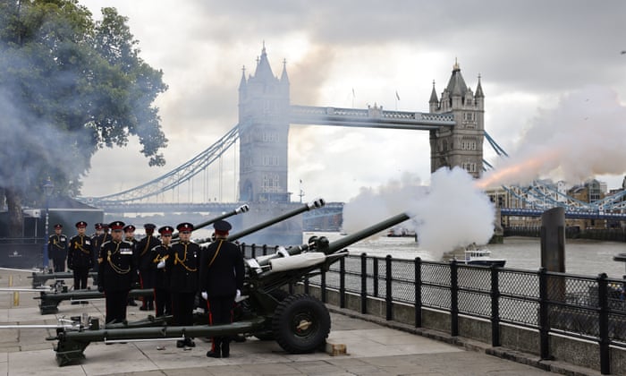 A gun salute commemorating the official declaration of Charles III as Britain's new monarch at the Tower of London.