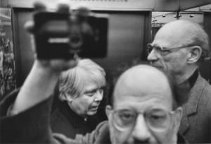 Writer Arthur Miller, William H Gass and Ginsberg, Hotel Royal elevator, Copenhagen, 1985Ginsberg lost this beloved camera, and his photographic tendencies went dormant. Twenty years later he rediscovered negatives and prints, igniting his second dalliance with photography