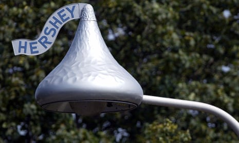 A closeup of a street lamp in the shape of a wrapped Hershey Kiss candy is shown on Chocolate Avenue in Hershey, Pennsylvania.