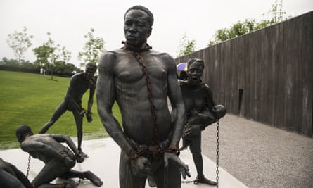 A sculpture commemorating the slave trade greets visitors at the entrance National Memorial For Peace And Justice, in Montgomery, Alabama.