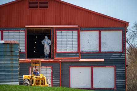 A person in a hazmat suit stands in the doorway of a huge barn