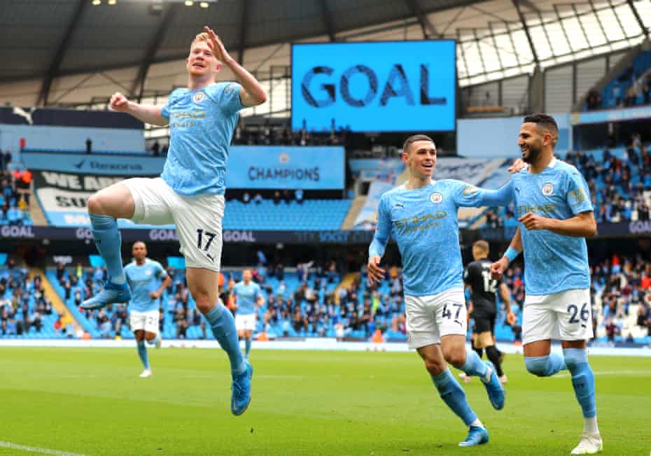Kevin De Bruyne celebrates after scoring for Manchester City against Everton last Sunday.