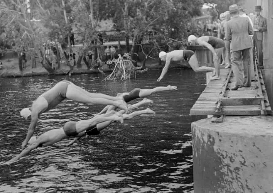 The start of the 'swim through Adelaide' from the Torrens weir in Adelaide in 1949.