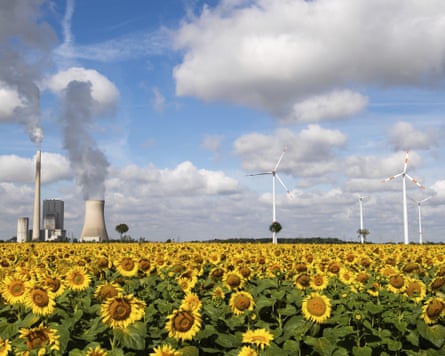 A field of sunflowers is within sight of the Mehrum coal-fired power station, wind turbines and high-voltage lines in Mehrum, Germany