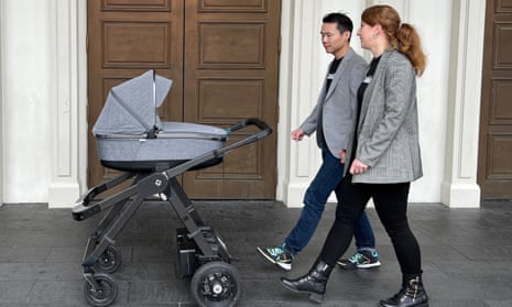 Canadian startup Gluxkind’s co-founders walk with their hands-free stroller in Las Vegas, Nevada on 4 January 2023. 