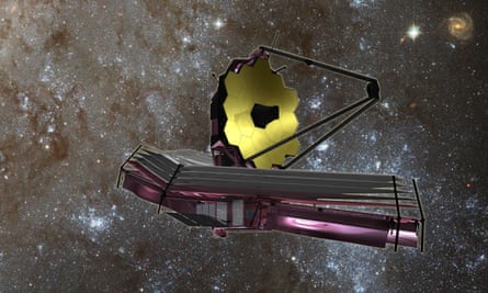 Artist’s impression of a small floating space platform with a telescope featuring a large golden reflector made up of polygons
