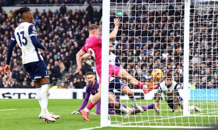 Liam Delap scores Ipswich’s second goal at Tottenham from close range