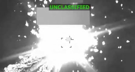 Grainy black and white image of an explosion with ‘Unclassified’ written at the top in green text