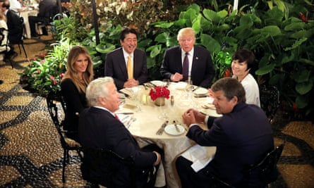 Shinzo Abe and his wife, Akie Abe, attend dinner with the Trumps at Mar-a-Lago.
