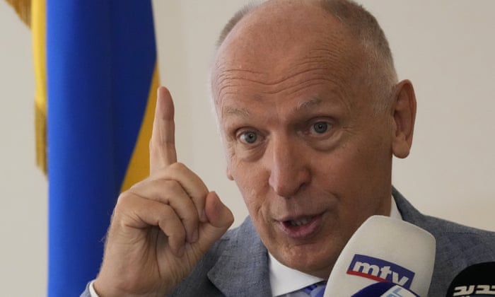 Ukraine’s ambassador to Lebanon Ihor Ostash, speaks at a press conference, in Beirut, Lebanon on Wednesday. He said a Syrian ship docked in Lebanon is carrying Ukrainian grain stolen by Russia. AP Photo/Hussein Malla