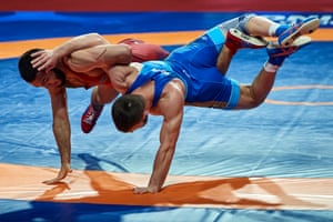 Warsaw, PolandTuran Bayramov from Azerbaijan fights with Israil Kasumov from Russia in the free style 70kg final of the senior European Championships United World Wrestling at Torwar hall.