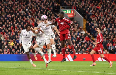 Harry Maguire heads in the winning goal against Liverpool.