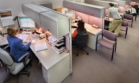 Business people in office cubicles, elevated view<br>GettyImages-200421753-001