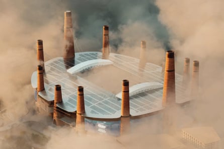 Rendering of the planned stadium surrounded by chimney smoke