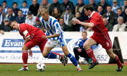 Bobby Zamora takes on Swindon’s defence at Withdean Stadium in April 2002